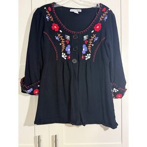 RKB Black Embroidered Floral Button Up Long Sleeve Top Women's‎ Size L Y2K cute